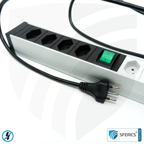 PC socket strip 6-way (4+2), shielded LF | with on/off switch, overvoltage protection and full protection HF filter system up to 80 MHz | Type J (Switzerland /LI)