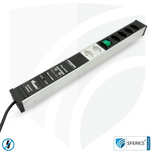 PC socket strip 6-way (4+2), shielded LF | with on/off switch, overvoltage protection and full protection HF filter system up to 80 MHz | type J (Switzerland /LI)