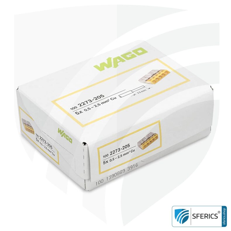 WAGO compact splicing connector | model 2273-205 | for 5 solid conductors | 100 pieces | alternative to classic connector blocks