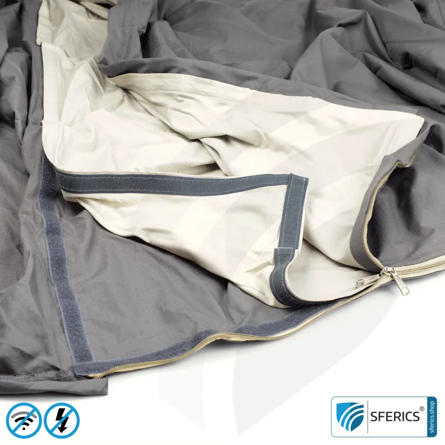 Shielding sleeping bag Electrosmog PRO | mobile radiation protection against WIFI, cell phone, LTE, 5G, ... with efficiency over 99.99% (42 dB) | free-standing, without ceiling suspension | LF groundable