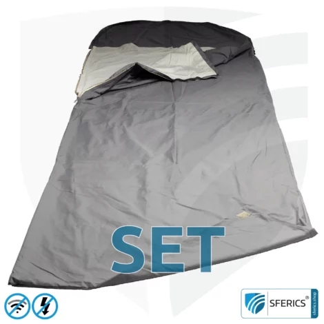 Shielding sleeping bag Electrosmog PRO in a set | mobile radiation protection against WIFI, cell phone, LTE, 5G, ... with efficiency over 99.99% (42 dB) | free-standing, without ceiling suspension | LF groundable