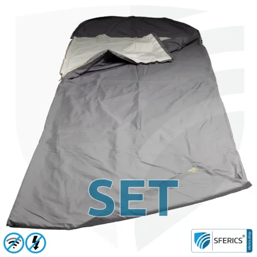 Shielding sleeping bag Electrosmog PRO in a set | mobile radiation protection against WIFI, cell phone, LTE, 5G, ... with efficiency over 99,99% (42 dB) | free-standing, without ceiling suspension | LF groundable