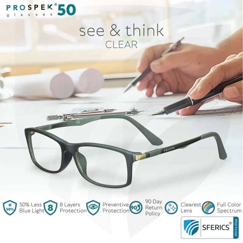 Anti blue light and glare protection computer glasses DYNAMIC by PROSPEK | high-quality glasses for the many hours a day on the PC, smartphone, tablet, TV, LED light, ...