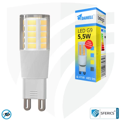 5,5 watt LED G9 | bright as 41 watts, 485 lumens | CRI 95 | flicker-free | warm white | alternative to high-voltage halogen G9