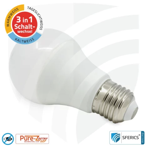 9 watt LED TRICOLOR Pure-Z Retro | 3in1 = 3 switchable light colors | bright like 80 watts, 850 lumens | CRI >90 | flicker-free | E27