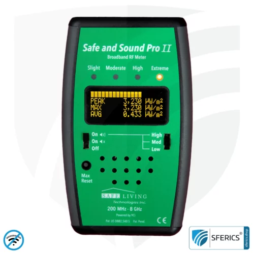 SAFE AND SOUND PRO 2 Electrosmog Detector | Unique measuring range up to 3.180.000 µW/m² | Semi-professional broadband HF measuring device for beginners | Detection of EMF radiation up to 8 GHz, including 5G! | Latest model