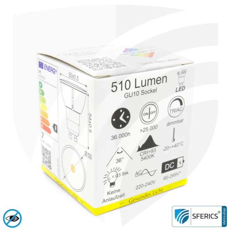 6,5 watt LED spot full spectrum 3step | dimmable with LED dimmer | bright as 35 watts, 510 lumens | CRI over 93 | flicker free | daylight | GU10 | business quality