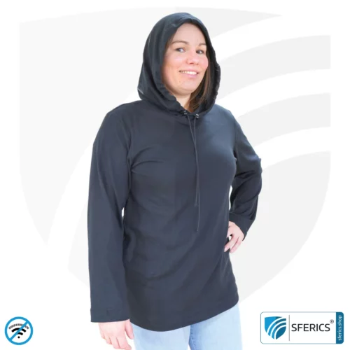 Hoodie, shielding + black | Long-sleeved T-shirt with hood | Protection up to 40 dB from RF electrosmog (mobile phone, WIFI, LTE) | Durable, made of Black-Jersey shielding fabric | 5G ready!