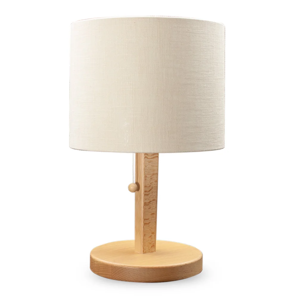 Shielded table lamp made of beechwood | Cylindrical shape | NATURAL lampshade | made of natural cotton/linen (nettle fabric) | E27 socket. Feedimage.