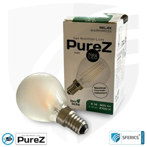 4 Watt LED Filament Pure-Z NEO | Bright as 38 watts, 400 lumens | CRI 97 | flicker-free | warm white | E14