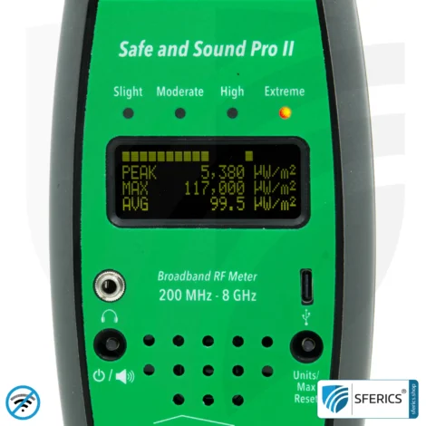 SAFE AND SOUND PRO 2 Electrosmog Detector | Unique measuring range up to 3.180.000 µW/m² | Semi-professional broadband HF measuring device for beginners | Detection of EMF radiation up to 8 GHz, including 5G! | Model 2025