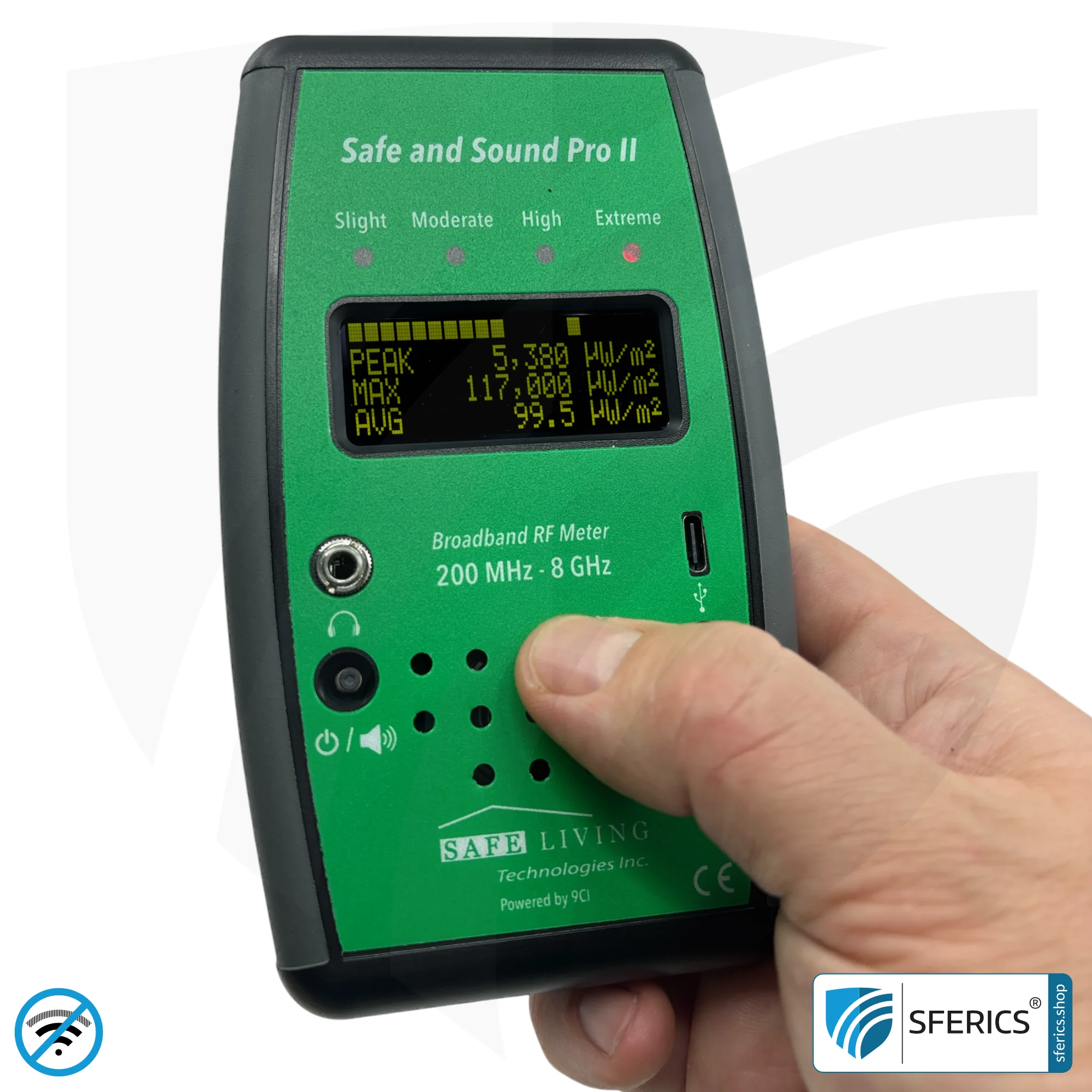 SAFE AND SOUND PRO 2 Electrosmog Detector | Unique measuring range up to 3.180.000 µW/m² | Semi-professional broadband HF measuring device for beginners | Detection of EMF radiation up to 8 GHz, including 5G! | Model 2025