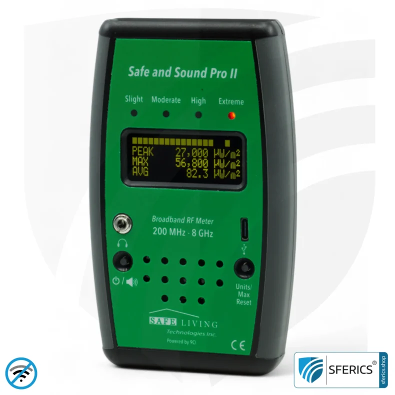 SAFE AND SOUND PRO 2 Electrosmog Detector | Unique measuring range up to 3.180.000 µW/m² | Semi-professional broadband HF measuring device for beginners | Detection of EMF radiation up to 8 GHz, including 5G! | Model 2025