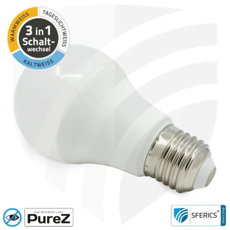 9 watt LED TRICOLOR Pure-Z NEO | 3in1 = 3 switchable light colors | bright like 80 watts, 850 lumens | CRI more than 90 | flicker-free | E27